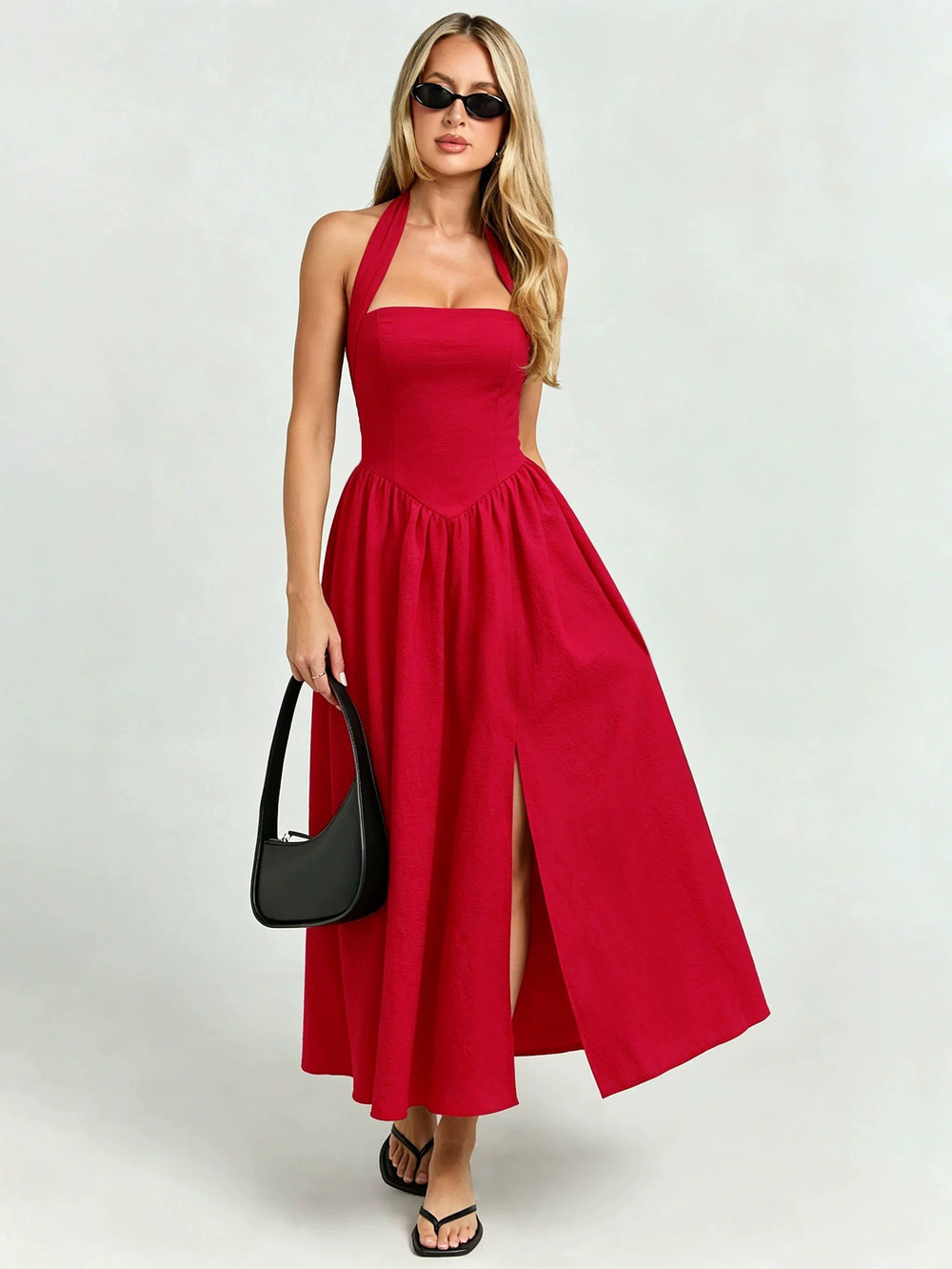 ZARA French Vintage Halter Backless Belted Flare Slit Red Midi Vacation Dress